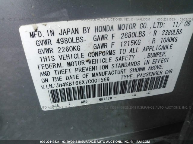 JH4KB166X7C001569 - 2007 ACURA RL ვერცხლისფერი ფოტო 9