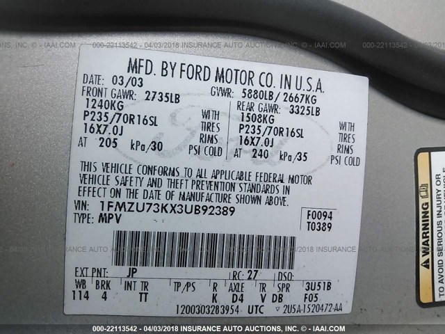 1FMZU73KX3UB92389 - 2003 FORD EXPLORER XLT/XLT SPORT/NBX SILVER photo 9