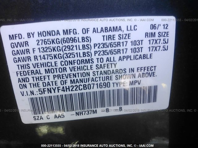 5FNYF4H22CB071690 - 2012 HONDA PILOT LX GRAY photo 9