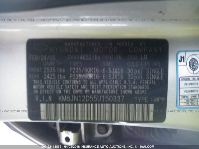 KM8JN12D55U150337 - 2005 HYUNDAI TUCSON GLS/LX SILVER photo 9