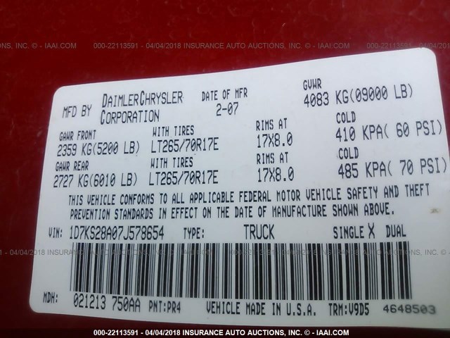 1D7KS28A07J578654 - 2007 DODGE RAM 2500 ST/SLT 红色 照片 9