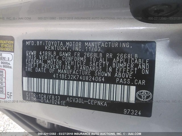 4T1BE32K74U824064 - 2004 TOYOTA CAMRY LE/XLE/SE SILVER photo 9