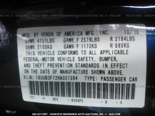 19UUB3F72HA001594 - 2017 ACURA TLX ADVANCE 蓝色 照片 9