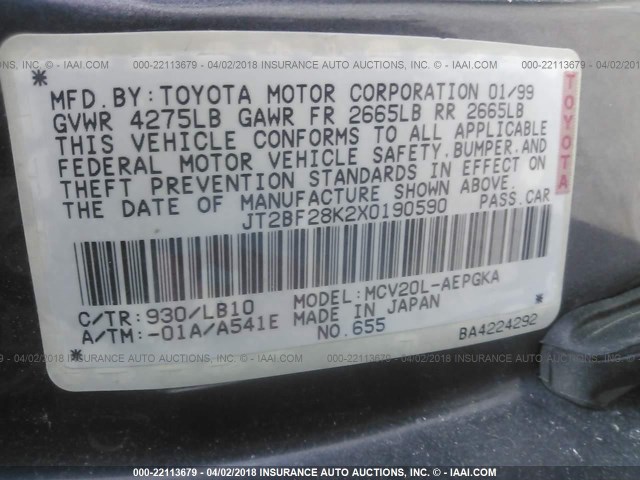 JT2BF28K2X0190590 - 1999 TOYOTA CAMRY LE/XLE Մոխրագույն լուսանկար 9