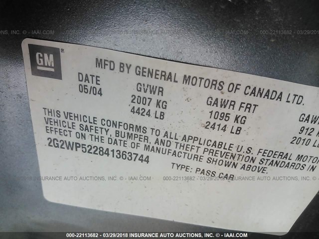 2G2WP522841363744 - 2004 PONTIAC GRAND PRIX GT GRAY photo 9