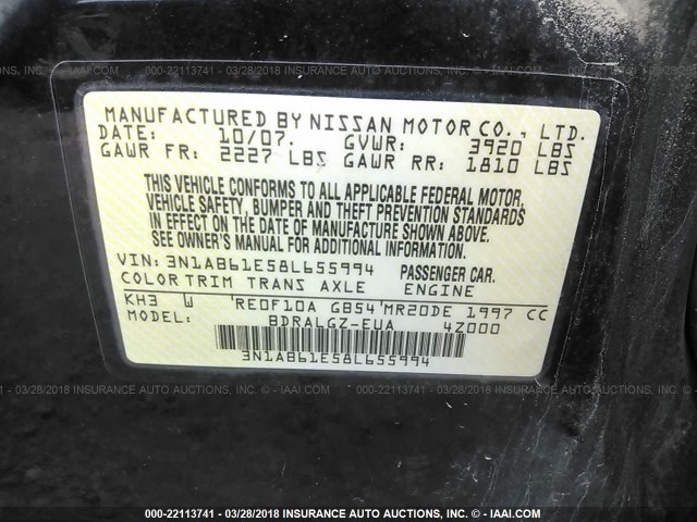 3N1AB61E58L655994 - 2008 NISSAN SENTRA 2.0/2.0S/2.0SL BLACK photo 9