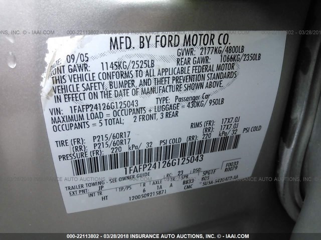 1FAFP24126G125043 - 2006 FORD FIVE HUNDRED SEL SILVER photo 9