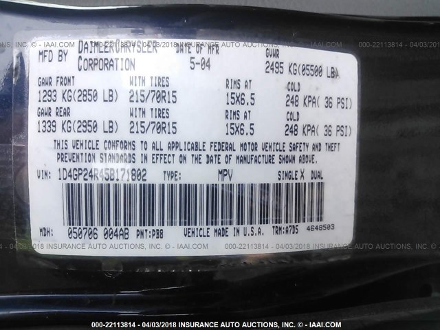 1D4GP24R45B171802 - 2005 DODGE GRAND CARAVAN SE BLUE photo 9