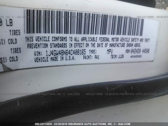 1J4GW48N64C408165 - 2004 JEEP GRAND CHEROKEE LAREDO/COLUMBIA/FREEDOM WHITE photo 9