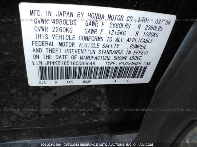 JH4KB16516C006648 - 2006 ACURA RL შავი ფოტო 9