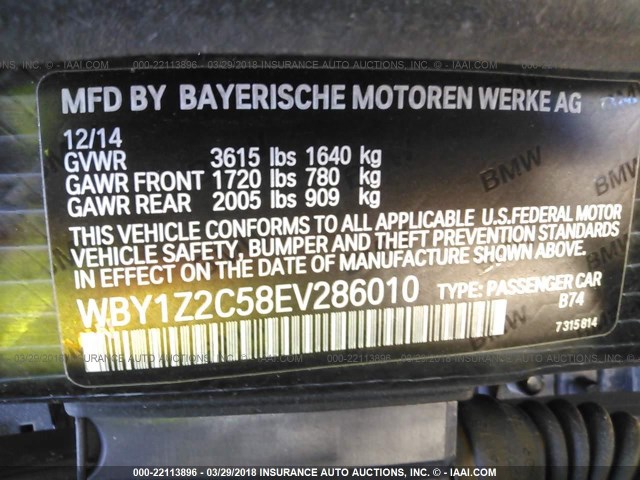 WBY1Z2C58EV286010 - 2014 BMW I3 BEV GRAY photo 9