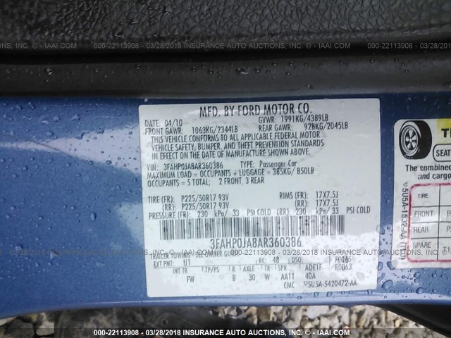 3FAHP0JA8AR360386 - 2010 FORD FUSION SEL BLUE photo 9