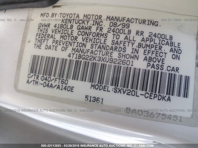 4T1BG22K3XU922601 - 1999 TOYOTA CAMRY CE/LE/XLE 白色 照片 9