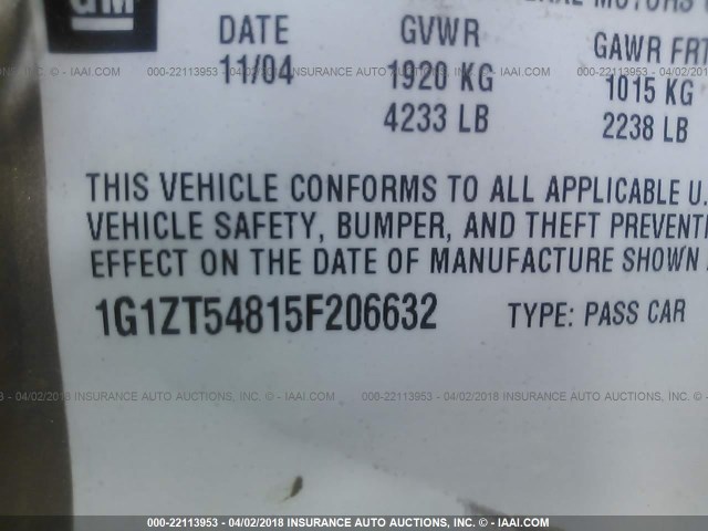 1G1ZT54815F206632 - 2005 CHEVROLET MALIBU LS GOLD photo 9