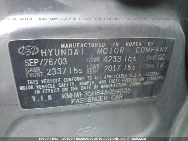 KMHWF35H84A959005 - 2004 HYUNDAI SONATA GLS/LX SILVER photo 9