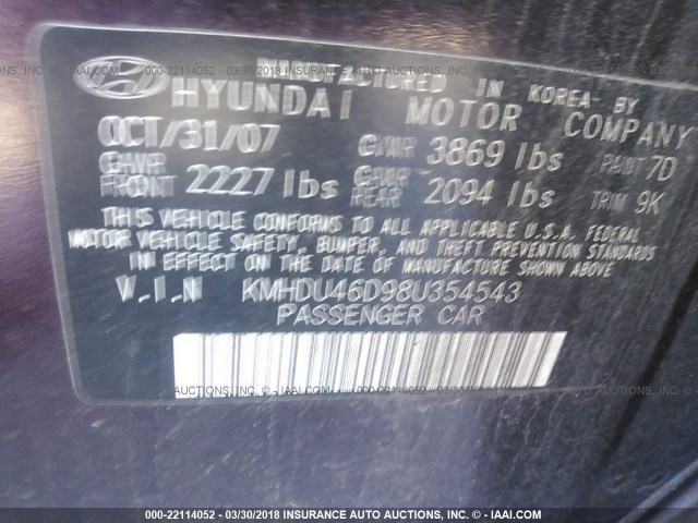 KMHDU46D98U354543 - 2008 HYUNDAI ELANTRA GLS/SE/LIMITED PURPLE photo 9