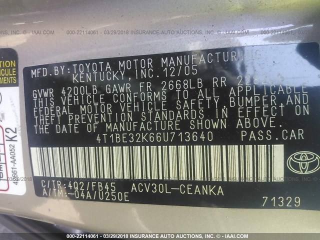 4T1BE32K66U713640 - 2006 TOYOTA CAMRY LE/XLE/SE 金色 照片 9