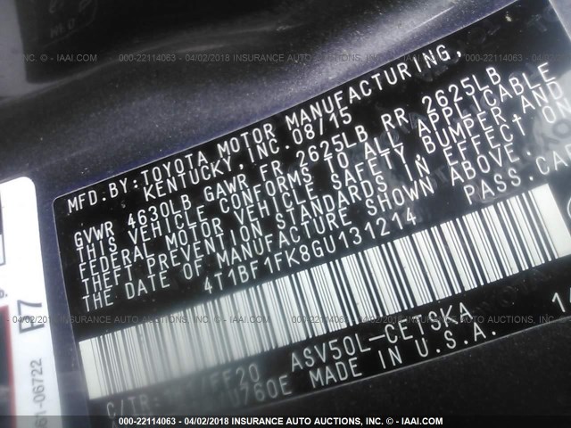 4T1BF1FK8GU131214 - 2016 TOYOTA CAMRY LE/XLE/SE/XSE ნაცრისფერი ფოტო 9