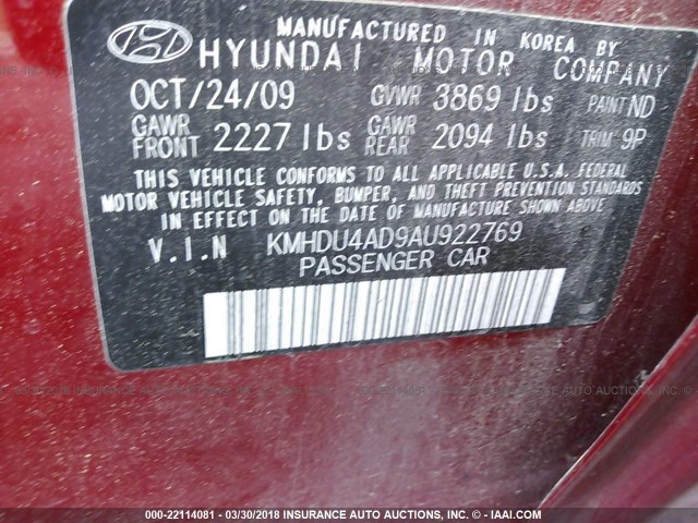 KMHDU4AD9AU922769 - 2010 HYUNDAI ELANTRA BLUE/GLS/SE RED photo 9