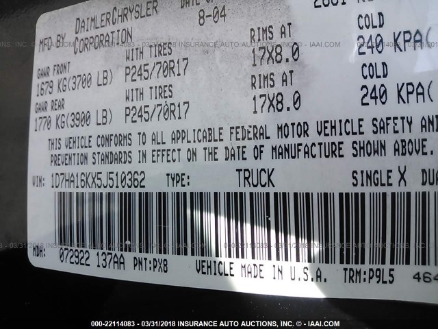 1D7HA16KX5J510362 - 2005 DODGE RAM 1500 ST BLACK photo 9