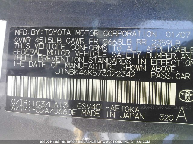 JTNBK46K573022342 - 2007 TOYOTA CAMRY NEW GENERAT LE/XLE/SE GRAY photo 9