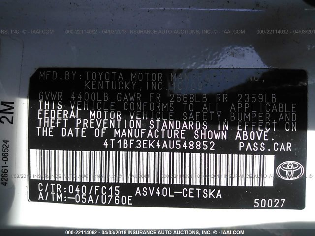 4T1BF3EK4AU548852 - 2010 TOYOTA CAMRY SE/LE/XLE WHITE photo 9