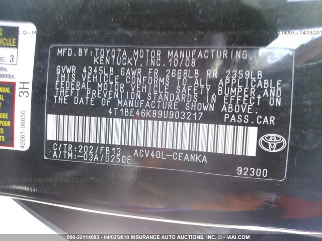 4T1BE46K89U903217 - 2009 TOYOTA CAMRY SE/LE/XLE BLACK photo 9