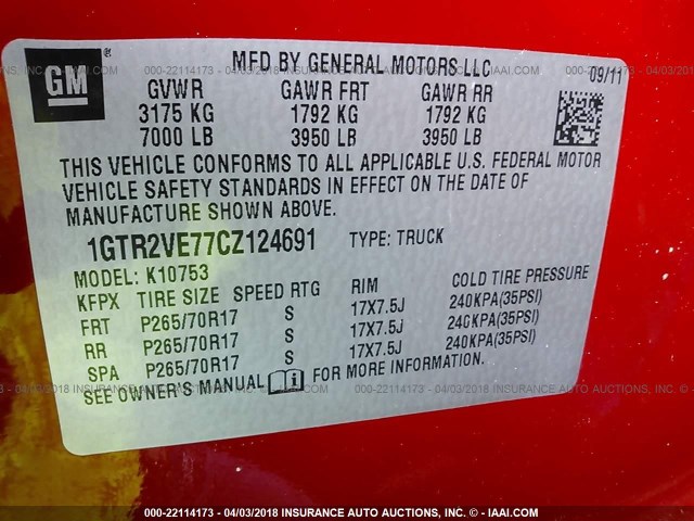 1GTR2VE77CZ124691 - 2012 GMC SIERRA K1500 SLE RED photo 9