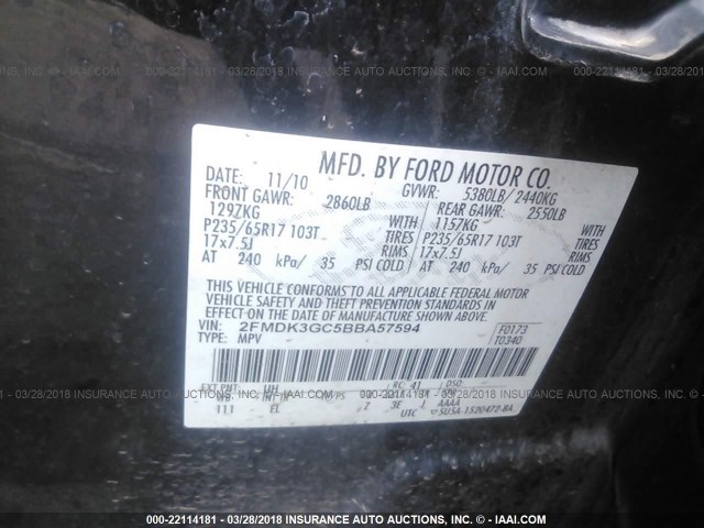 2FMDK3GC5BBA57594 - 2011 FORD EDGE SE BLACK photo 9