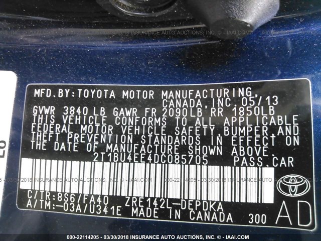 2T1BU4EE4DC085705 - 2013 TOYOTA COROLLA S/LE BLUE photo 9