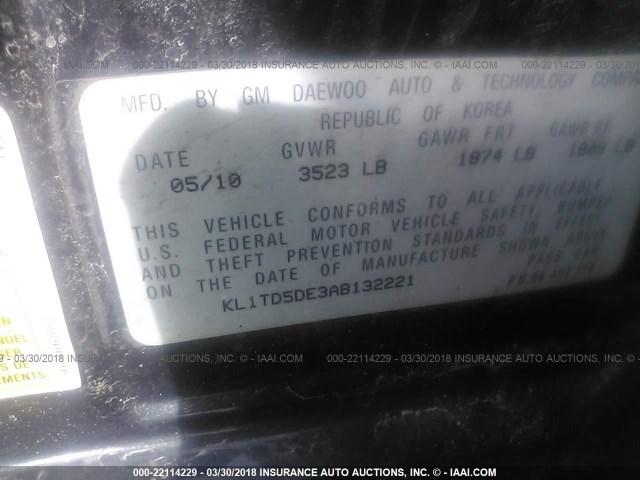KL1TD5DE3AB132221 - 2010 CHEVROLET AVEO LS/LT 黑色 照片 9