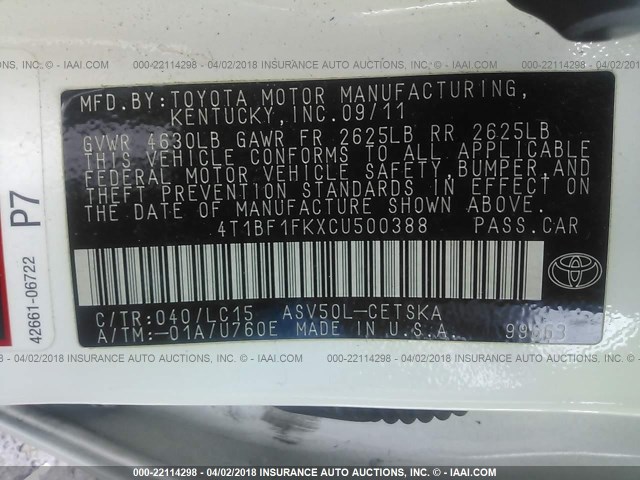 4T1BF1FKXCU500388 - 2012 TOYOTA CAMRY SE/LE/XLE WHITE photo 9