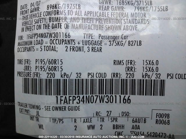 1FAFP34N07W301166 - 2007 FORD FOCUS ZX4/S/SE/SES 勃艮第红 照片 9