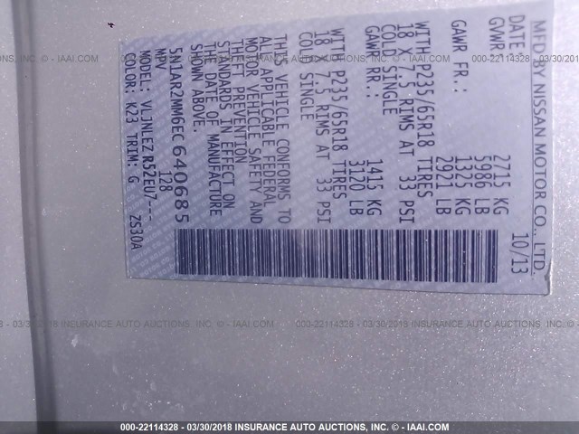 5N1AR2MM6EC640685 - 2014 NISSAN PATHFINDER S/SV/SL/PLATINUM 银色 照片 9