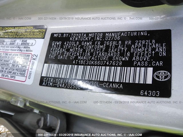 4T1BE30K66U747628 - 2006 TOYOTA CAMRY LE/XLE/SE SILVER photo 9