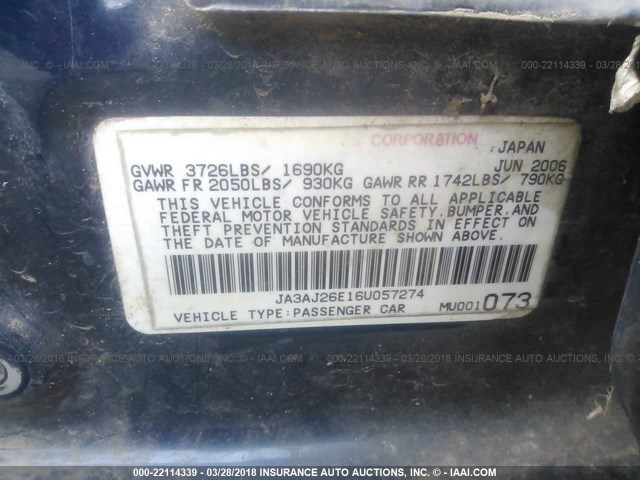 JA3AJ26E16U057274 - 2006 MITSUBISHI LANCER ES BLUE photo 9