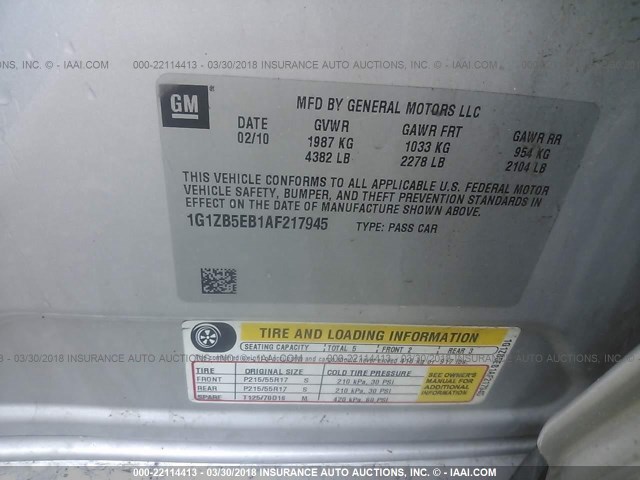 1G1ZB5EB1AF217945 - 2010 CHEVROLET MALIBU LS SILVER photo 9