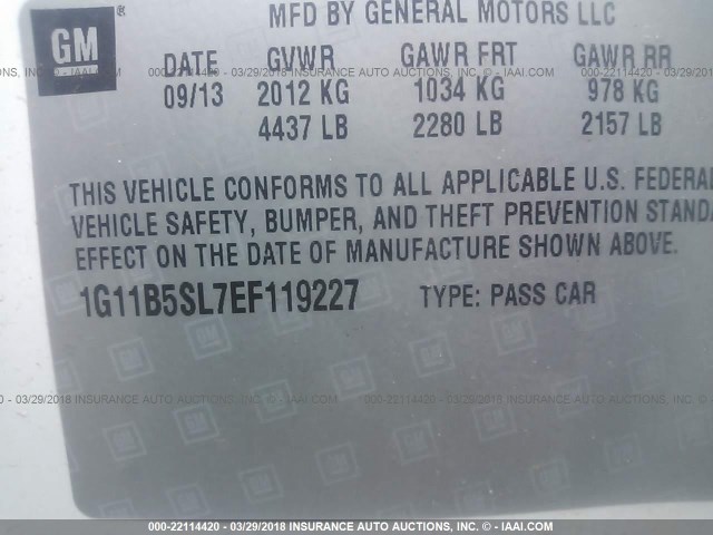 1G11B5SL7EF119227 - 2014 CHEVROLET MALIBU LS თეთრი ფოტო 9