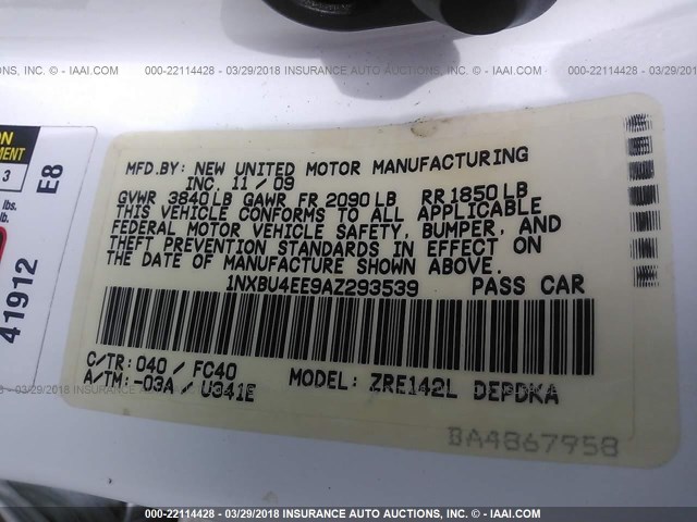 1NXBU4EE9AZ293539 - 2010 TOYOTA COROLLA S/LE/XLE WHITE photo 9