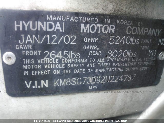 KM8SC73D92U224737 - 2002 HYUNDAI SANTA FE GLS/LX WHITE photo 9