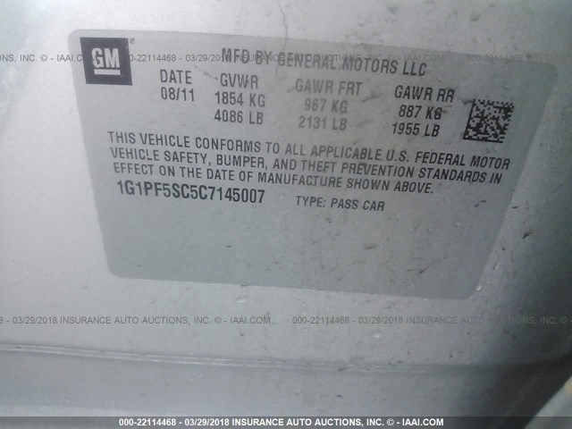 1G1PF5SC5C7145007 - 2012 CHEVROLET CRUZE LT SILVER photo 9