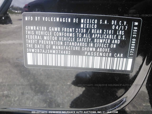 3VW2B7AJ3HM374482 - 2017 VOLKSWAGEN JETTA S 黑色 照片 9