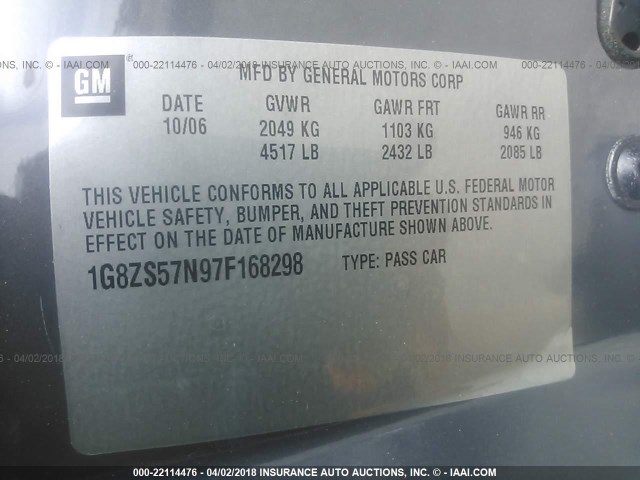 1G8ZS57N97F168298 - 2007 SATURN AURA XE GRAY photo 9