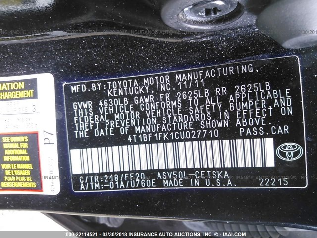 4T1BF1FK1CU027710 - 2012 TOYOTA CAMRY SE/LE/XLE Қара фото 9