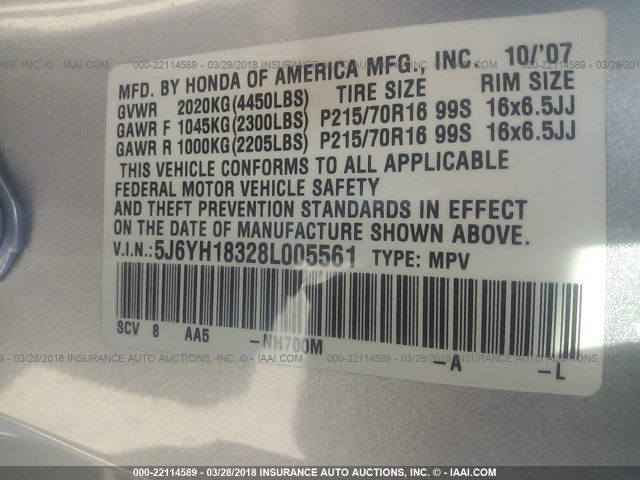 5J6YH18328L005561 - 2008 HONDA ELEMENT LX SILVER photo 9