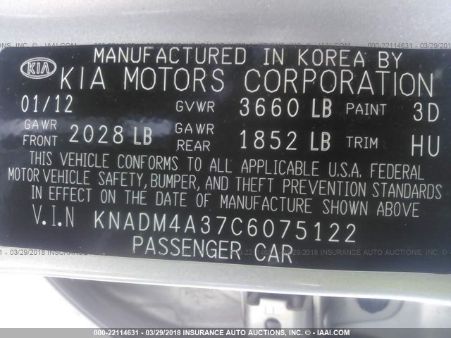 KNADM4A37C6075122 - 2012 KIA RIO LX Արծաթագույն լուսանկար 9