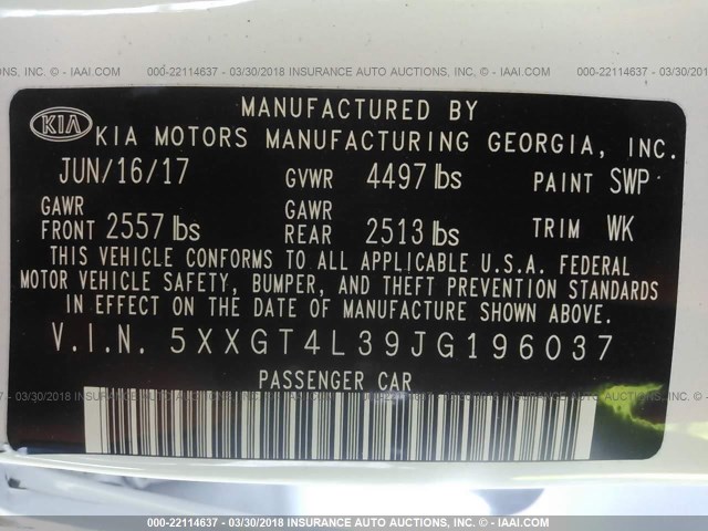 5XXGT4L39JG196037 - 2018 KIA OPTIMA LX/S WHITE photo 9