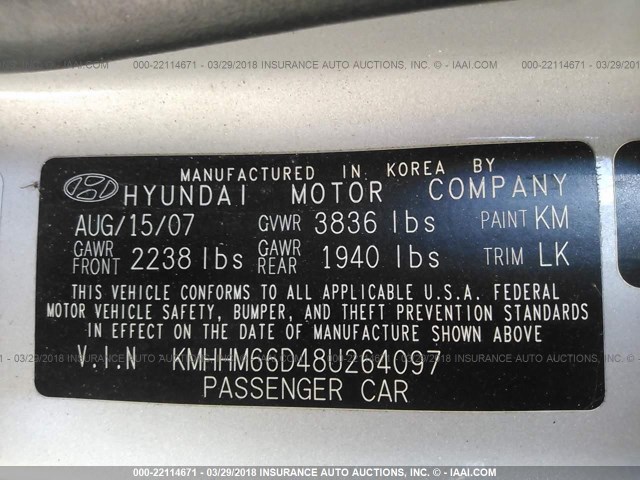 KMHHM66D48U264097 - 2008 HYUNDAI TIBURON GS SILVER photo 9