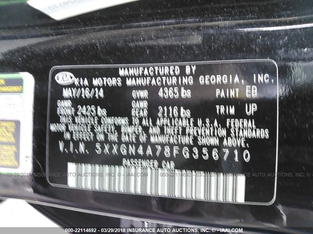 5XXGN4A78FG356710 - 2015 KIA OPTIMA EX BLACK photo 9