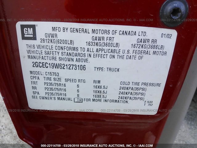 2GCEC19W621273106 - 2002 CHEVROLET SILVERADO C1500 RED photo 9